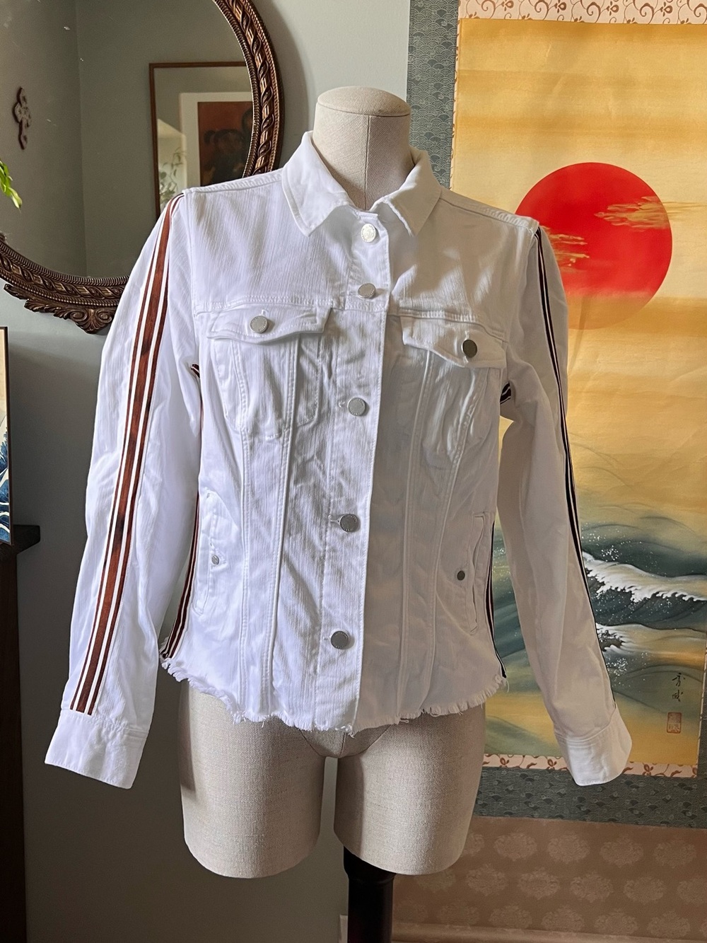 Liverpool White Denim Jacket with Brown Stripe Trim